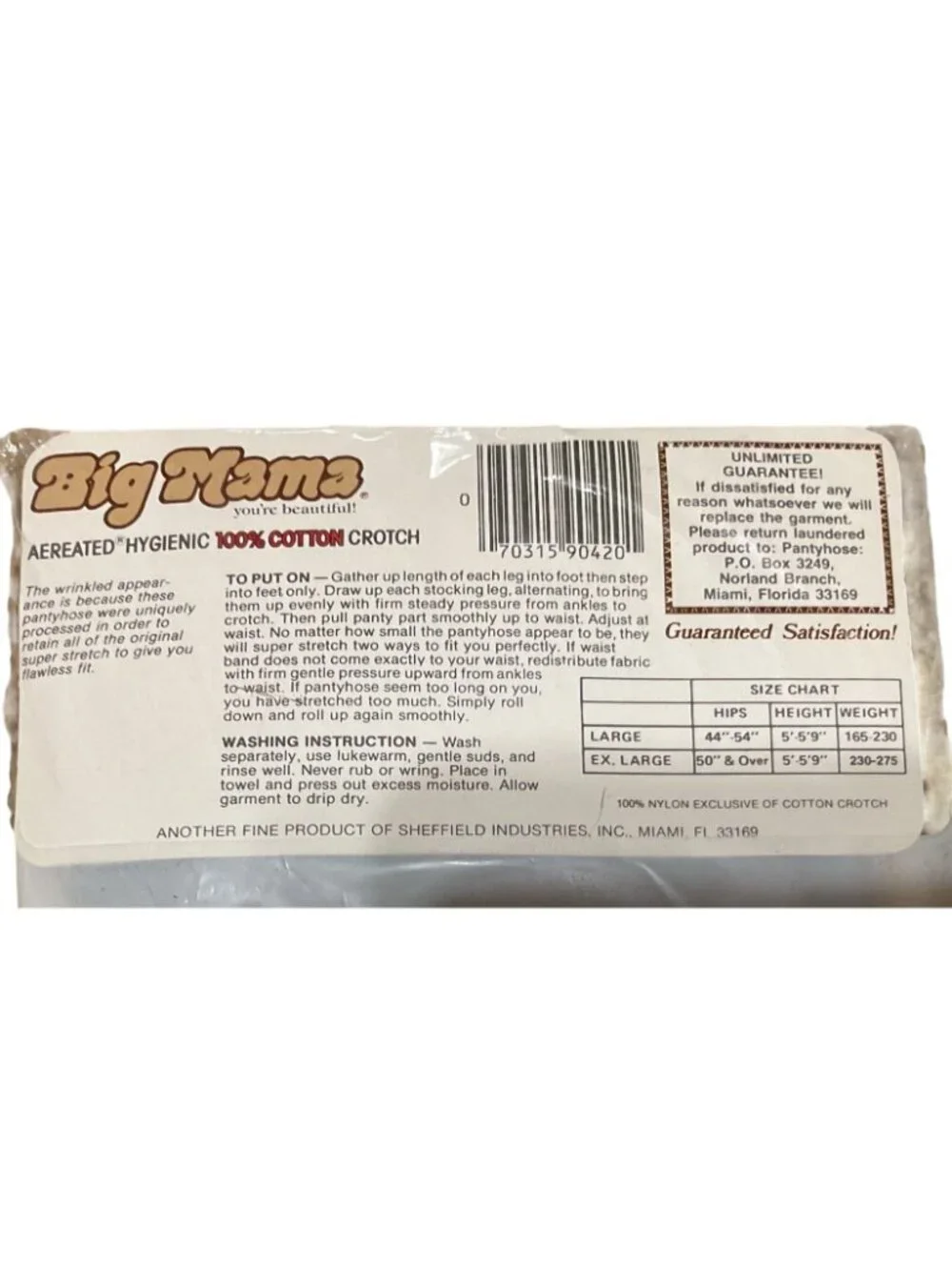 Vtg NWT Big Mama Sz L Sheer Pantyhose Suntan 100% Cotton Crotch Hygienic Aerated